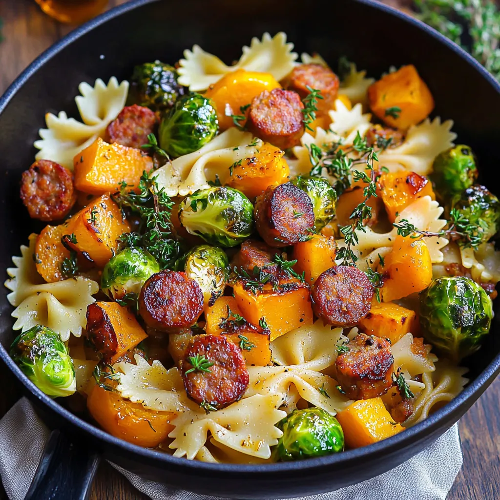 Flavorful autumn dish combining sausage, pasta, Brussels sprouts, and roasted squash.