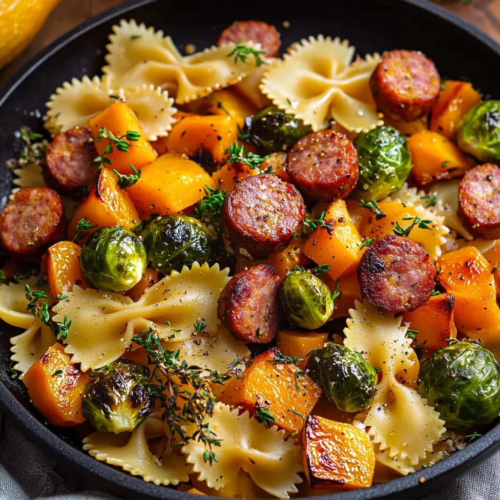 Sausage pasta with Brussels sprouts and butternut squash, a comforting fall meal.