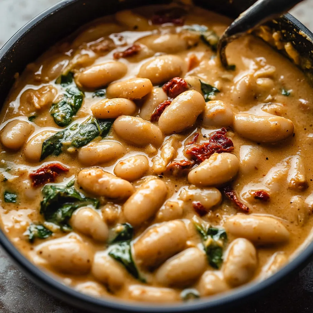 Close-up View of Tuscan Butter Beans with Spinach and Sun-dried Tomato Recipe