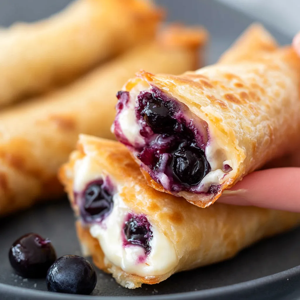 Golden egg rolls filled with blueberries and cream cheese, perfect for dessert or snacking.