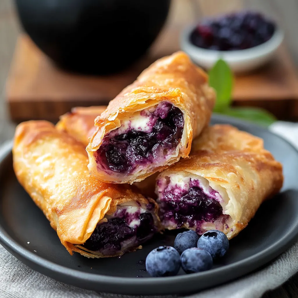 Sweet blueberry cream cheese egg rolls with a crispy shell and luscious filling.