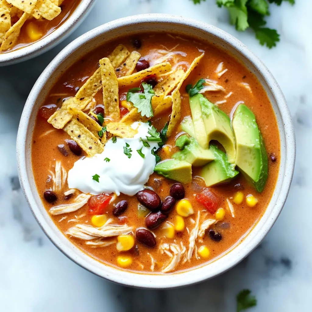 Rich and creamy chicken tortilla soup with bold flavors and crunchy toppings.