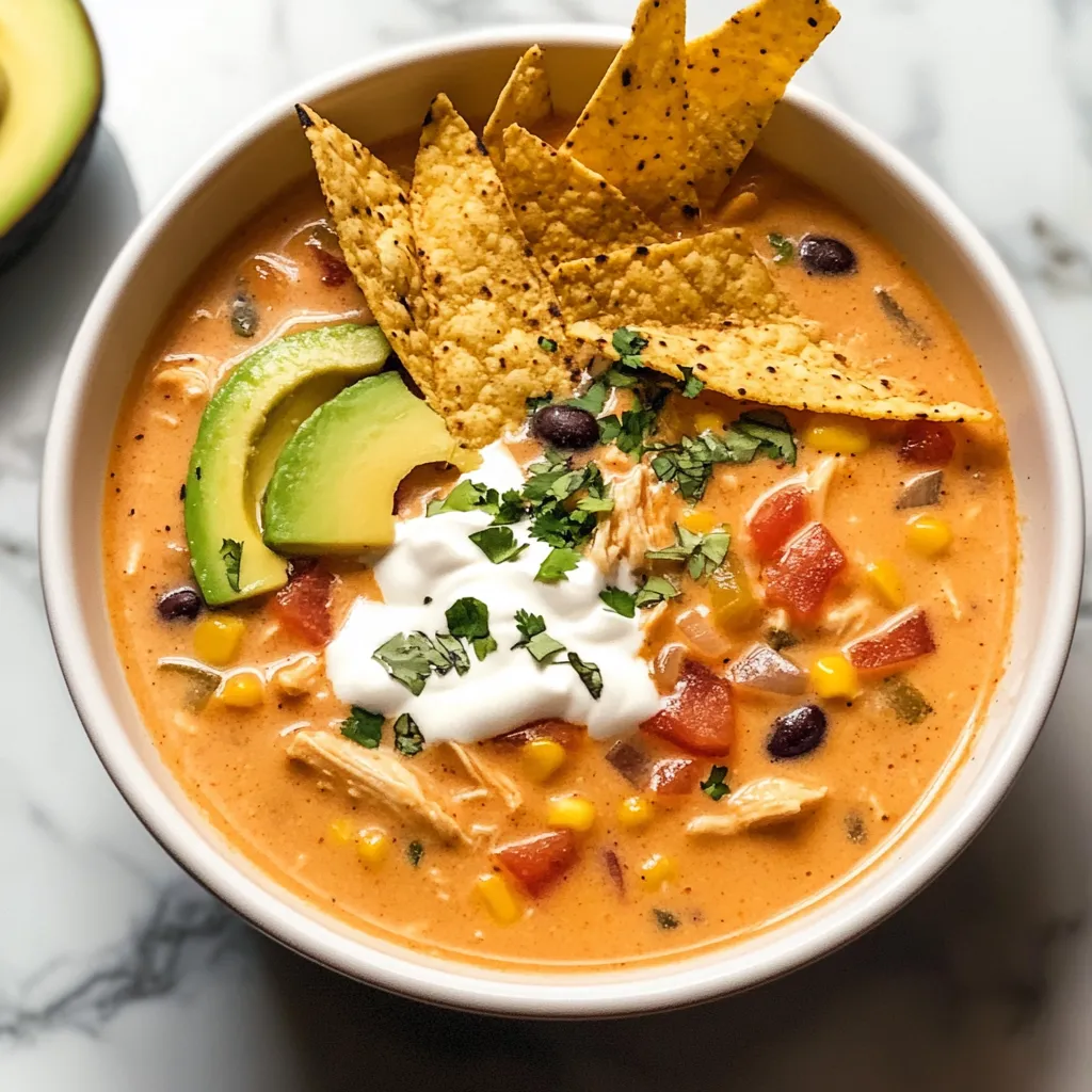 Delicious creamy chicken tortilla soup, packed with chicken, spices, and tortilla strips.