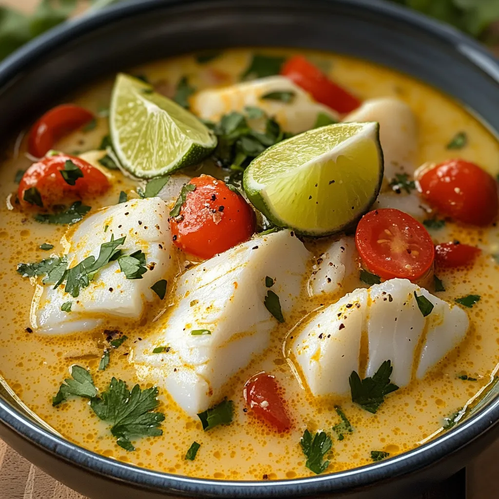 Zesty coconut lime fish soup, a flavorful and tropical-inspired dish.