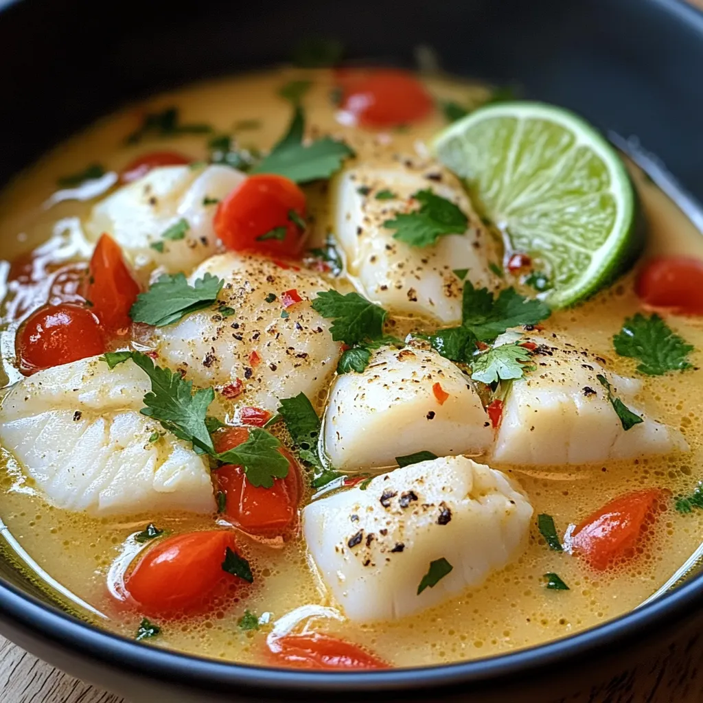 Creamy coconut lime fish soup with tender fish and vibrant citrus notes.