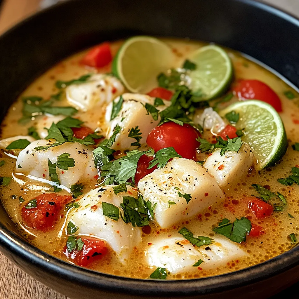 Delicious fish soup with a coconut lime base, perfect for a light yet satisfying meal.