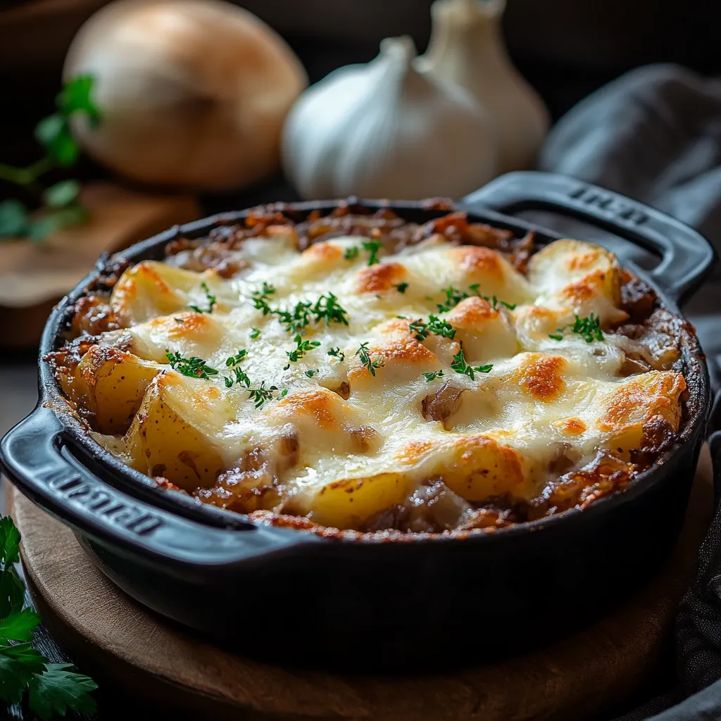 Golden French onion potato bake, creamy and delicious with every bite.