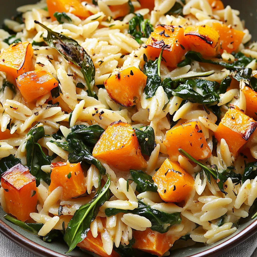 Creamy orzo with roasted butternut squash and spinach, a comforting and nutritious dish.