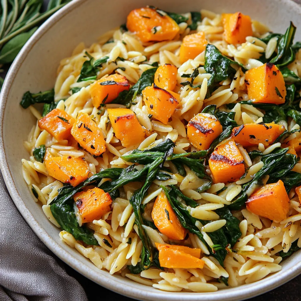 Rich and creamy orzo paired with sweet butternut squash and fresh spinach.