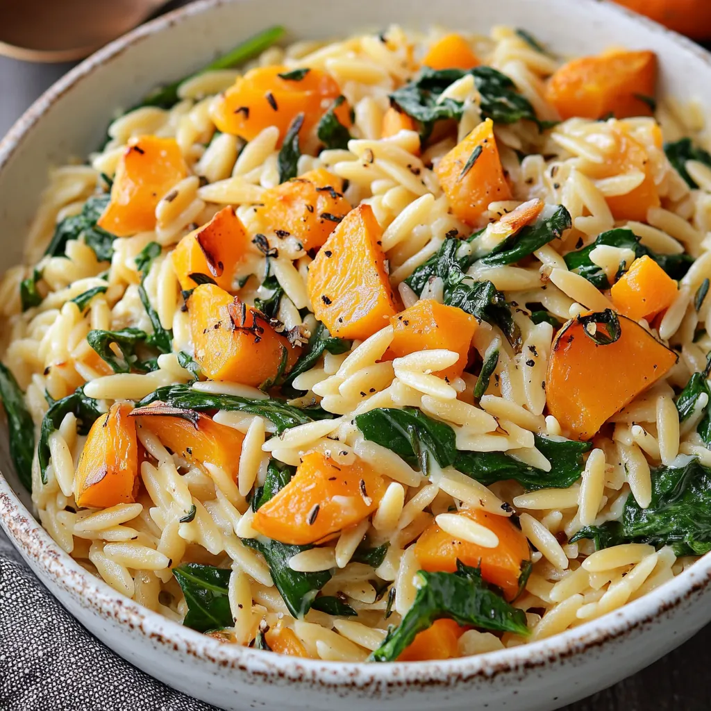 Delicious orzo with roasted butternut squash and spinach, perfect for cozy dinners.