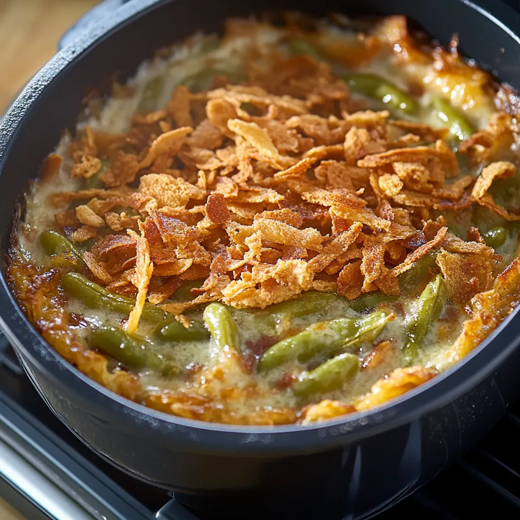 Creamy green bean casserole with crispy onions, a comforting dish for any gathering.