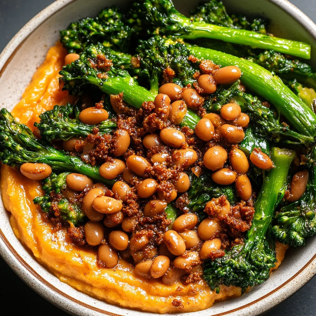 Miso Tahini Whipped Sweet Potato Bowl with Spiced Beans and Broccolini