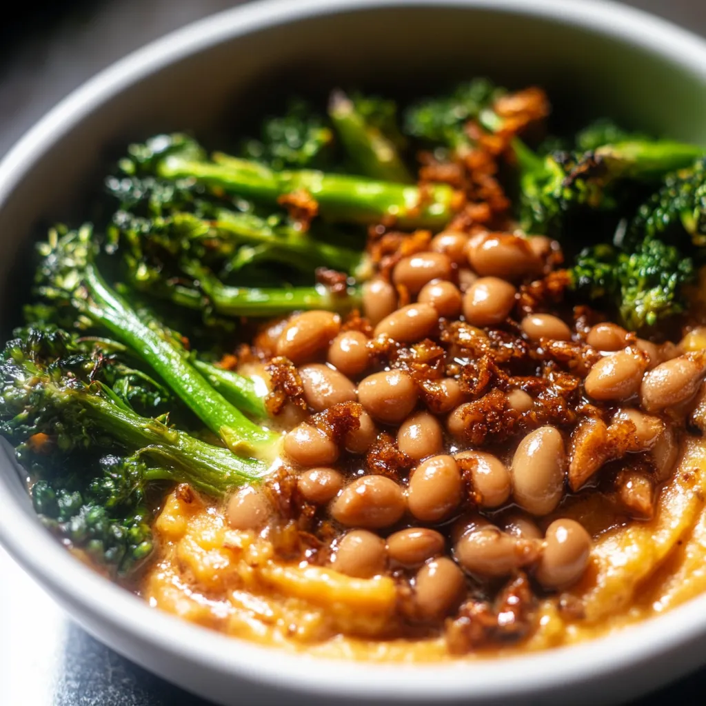 Miso Tahini Whipped Sweet Potato Bowl with Spiced Beans and Broccolini Recipe