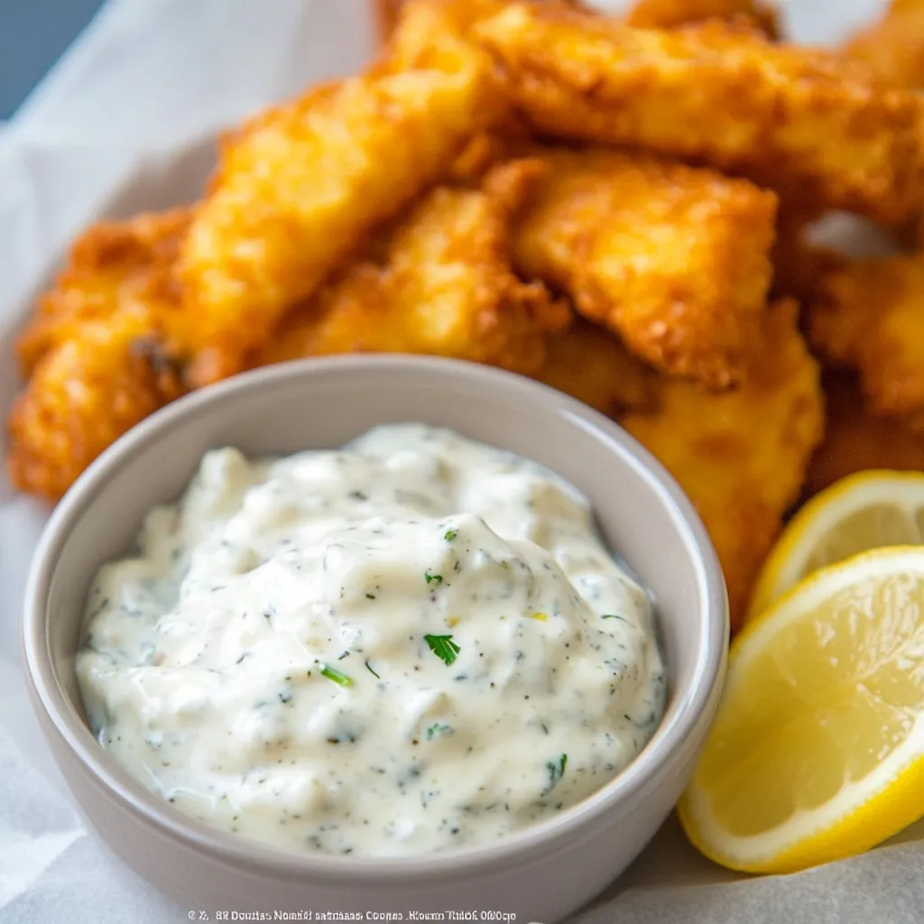 Rich and zesty tartar sauce, ideal for fish and chips or crab cakes.