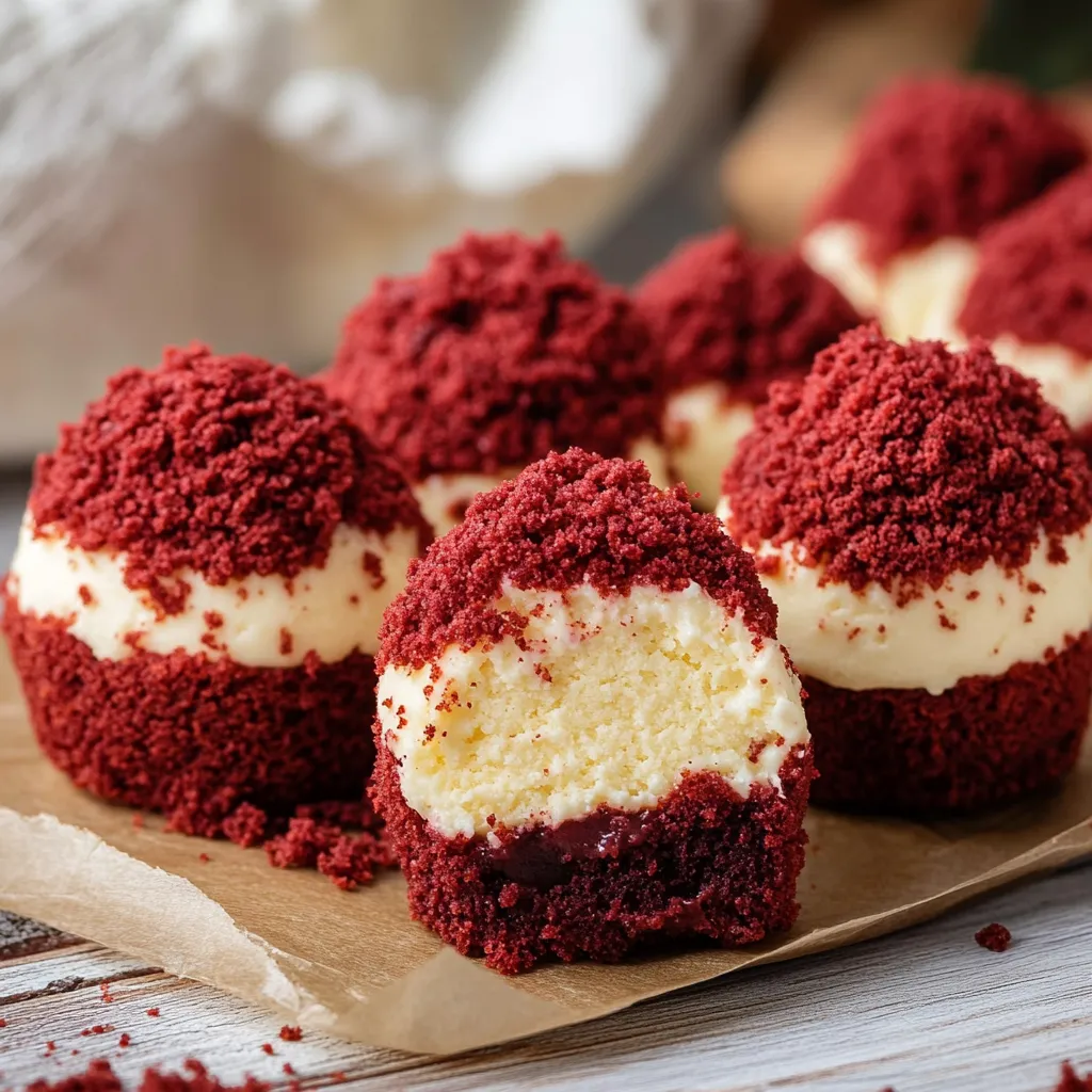 Decadent red velvet cheesecake bites, a delightful mini dessert.