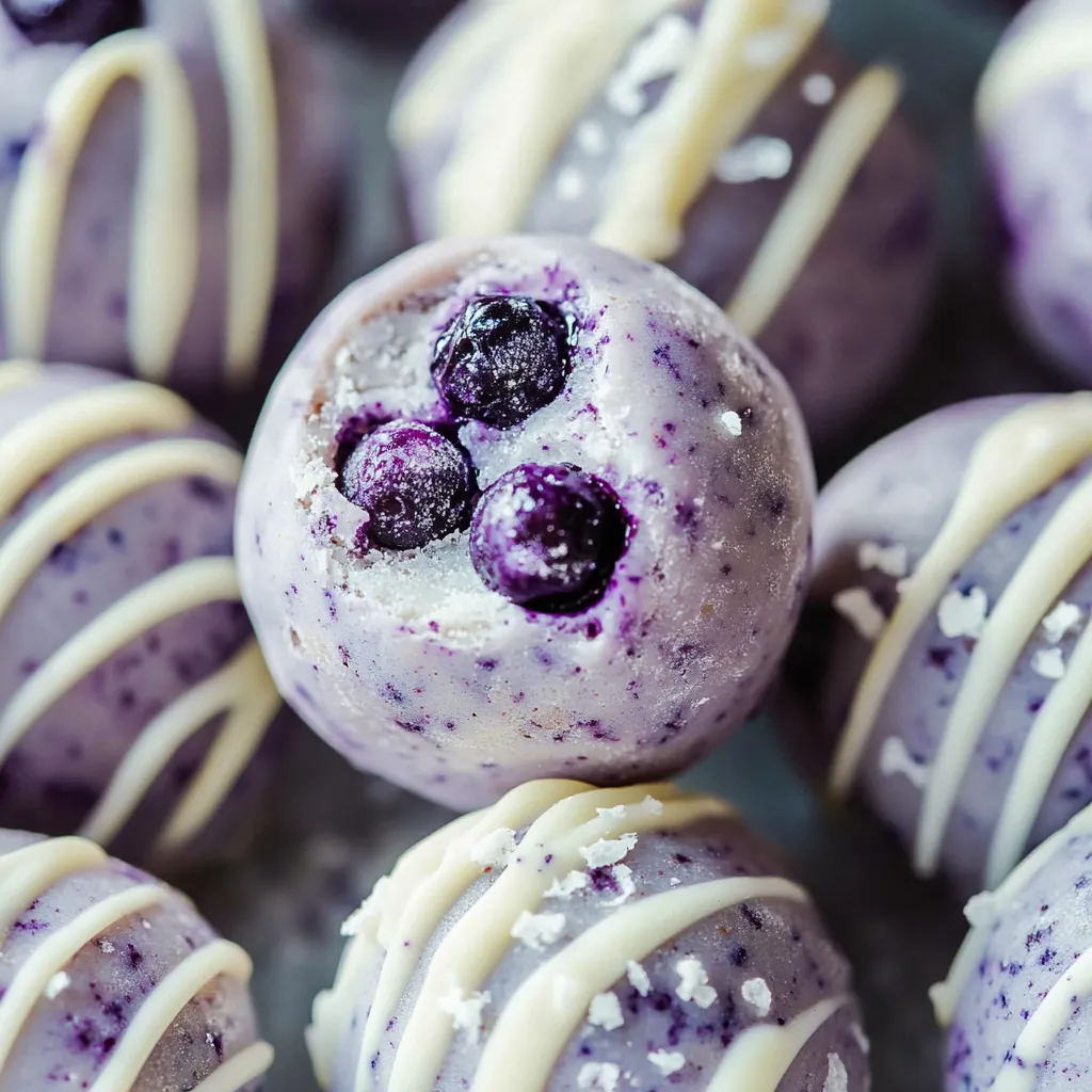 Creamy blueberry truffles coated in white chocolate, a delicious treat.