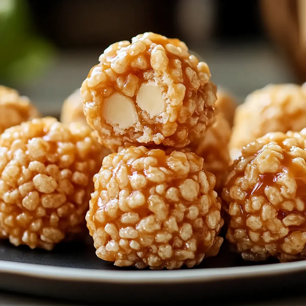 Crispy Rice Krispie balls with gooey caramel and marshmallow filling.