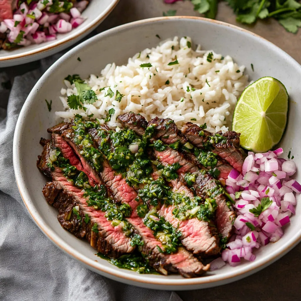 Juicy skirt steak with chimichurri over rice, perfect for a satisfying dinner.