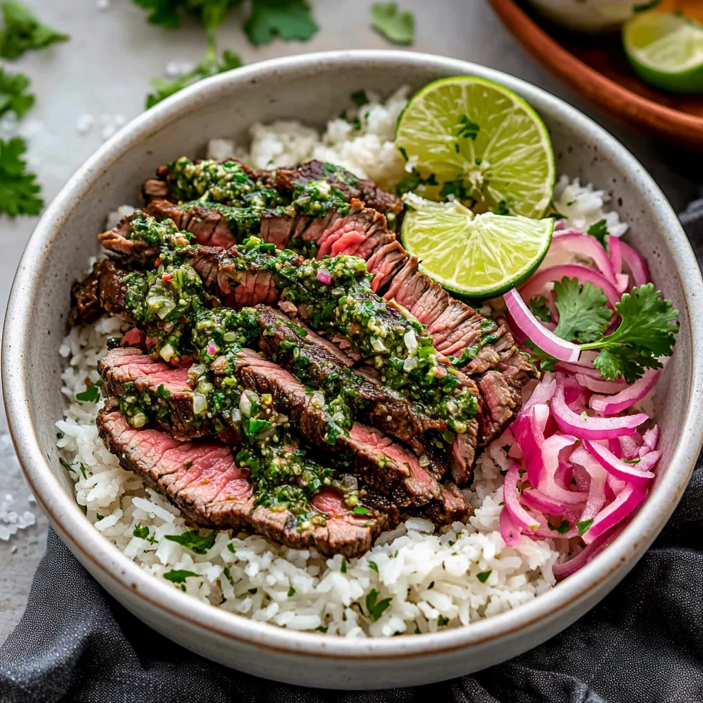 Skirt steak rice bowls, a hearty dish with bold chimichurri flavors.