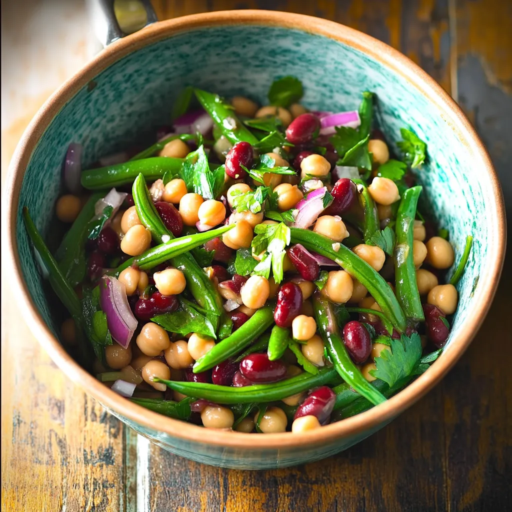 Refreshing three bean salad, a perfect side dish for picnics or meals.