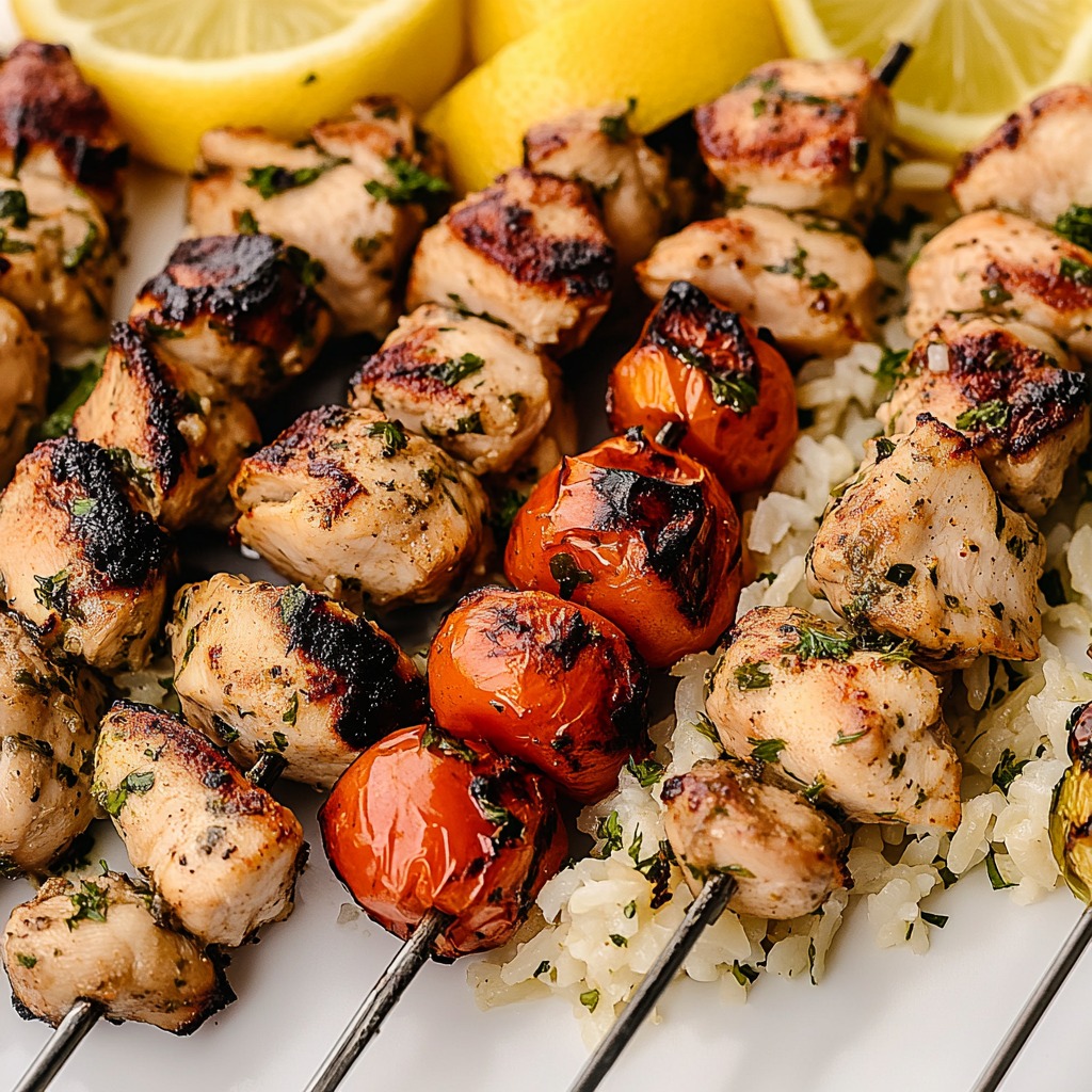 GREEK CHICKEN SOUVLAKI with LEMON RICE