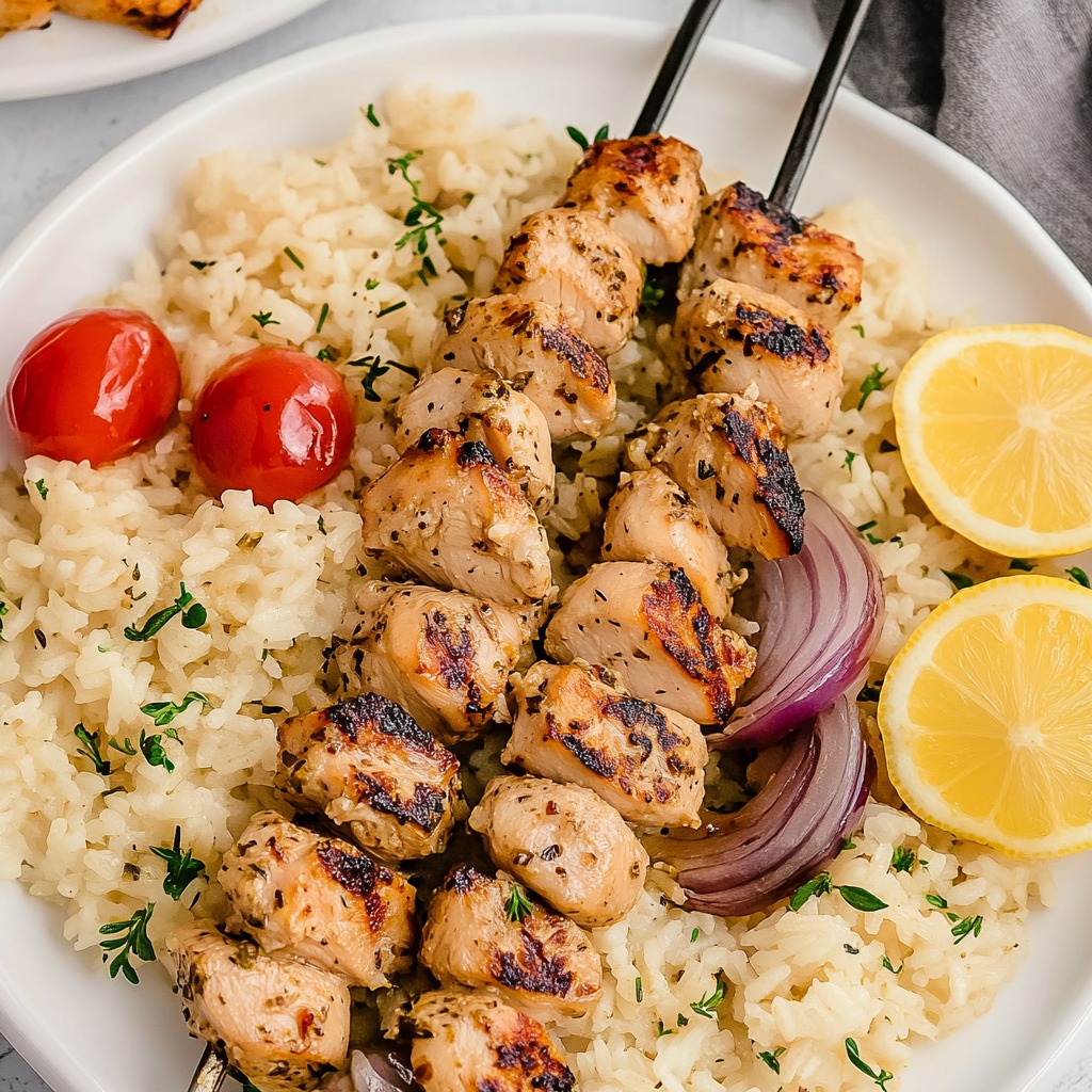 GREEK CHICKEN SOUVLAKI with LEMON RICE Recipe