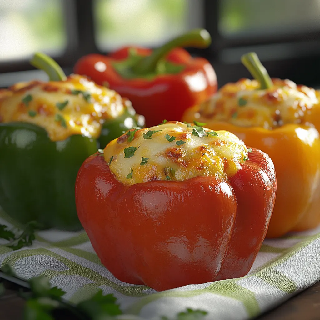 Colorful stuffed bell peppers filled with savory meat, rice, and cheese, baked to perfection.