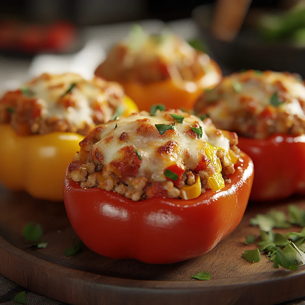 Stuffed bell peppers, a comforting dish with flavorful filling and melty cheese topping.