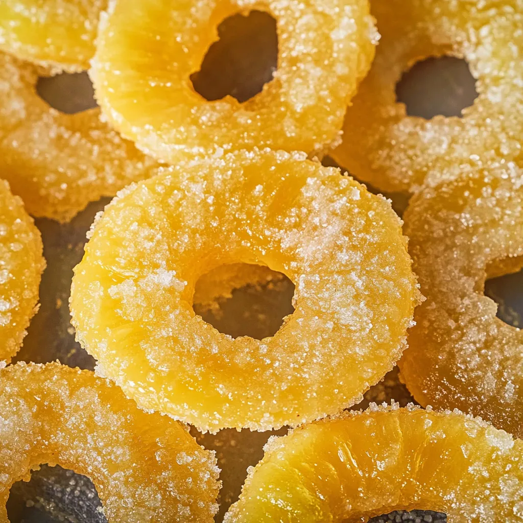 Sweet and chewy candied pineapple rings, perfect for snacking or decorating desserts.