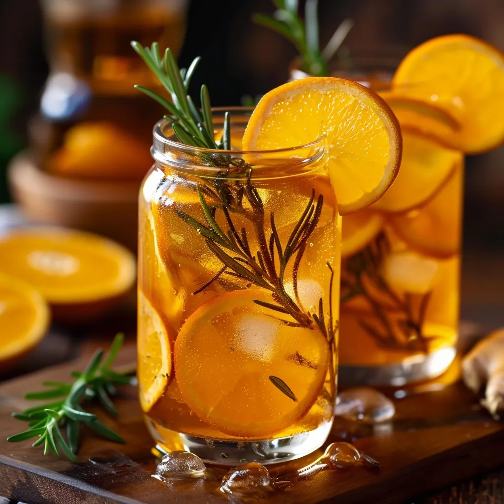 Iced tea infused with orange and rosemary, a unique and flavorful beverage.