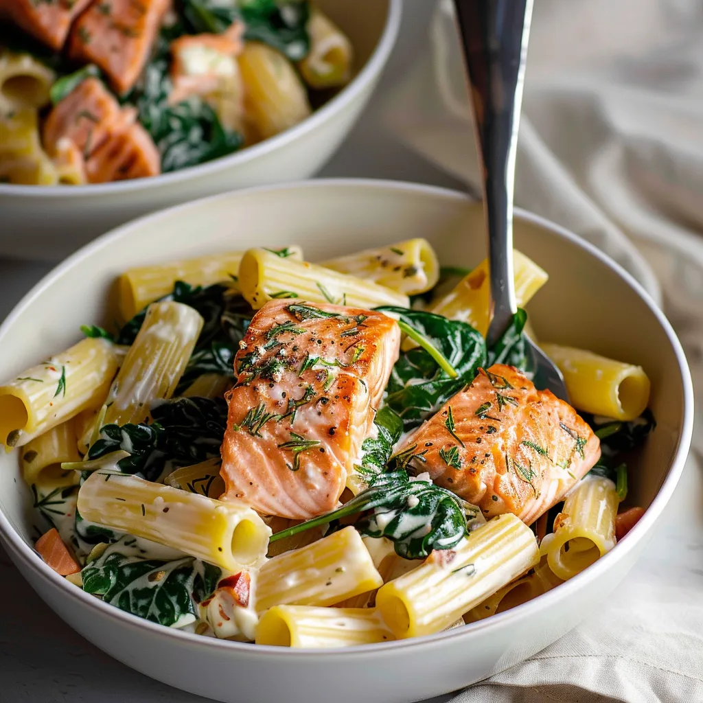 Delicious pasta with tender salmon and fresh spinach in a rich sauce.