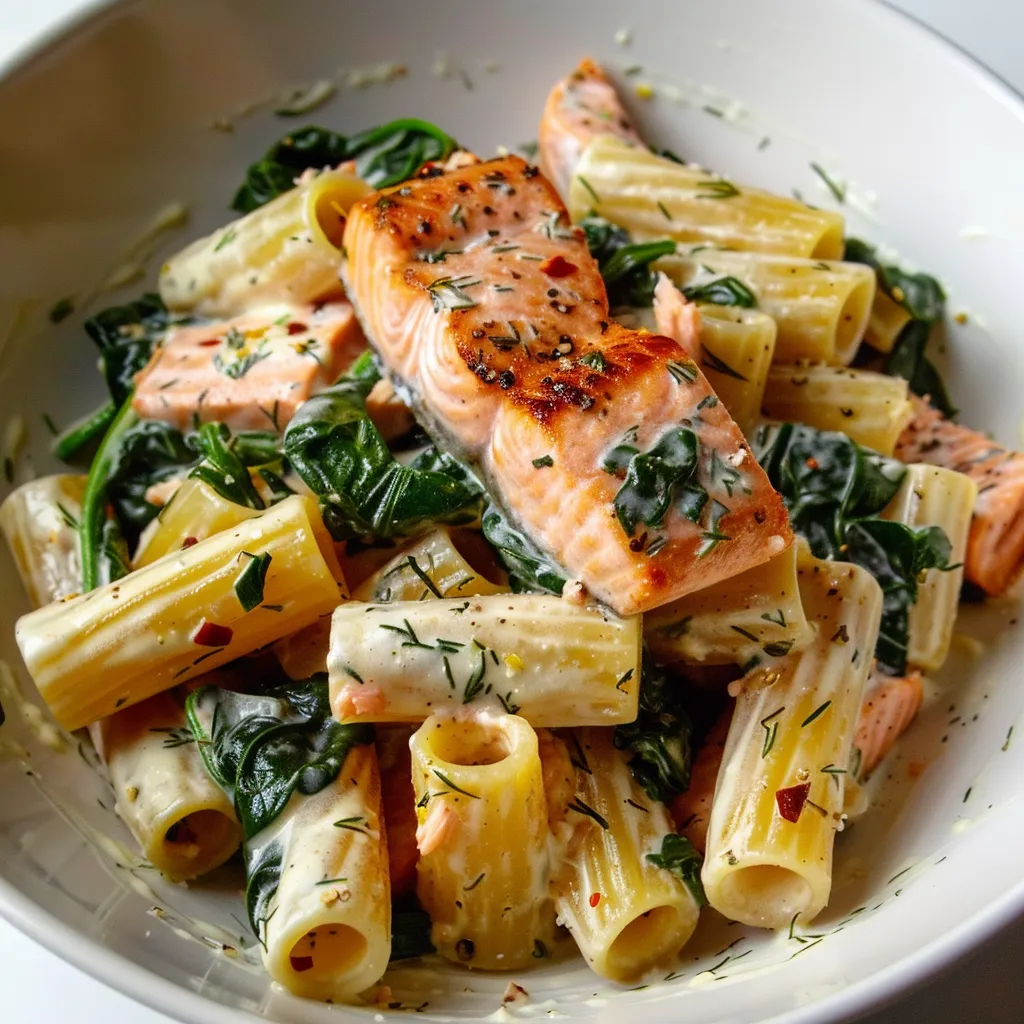 Salmon spinach pasta, a quick and hearty meal perfect for dinner.