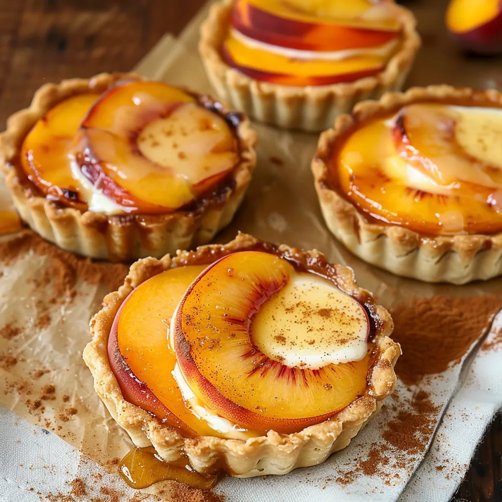 Mini tarts with juicy peaches and a rich cream cheese filling, an elegant dessert.