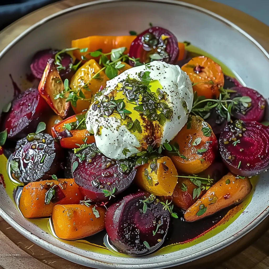 Fresh roasted beets paired with creamy burrata for a flavorful and elegant salad.