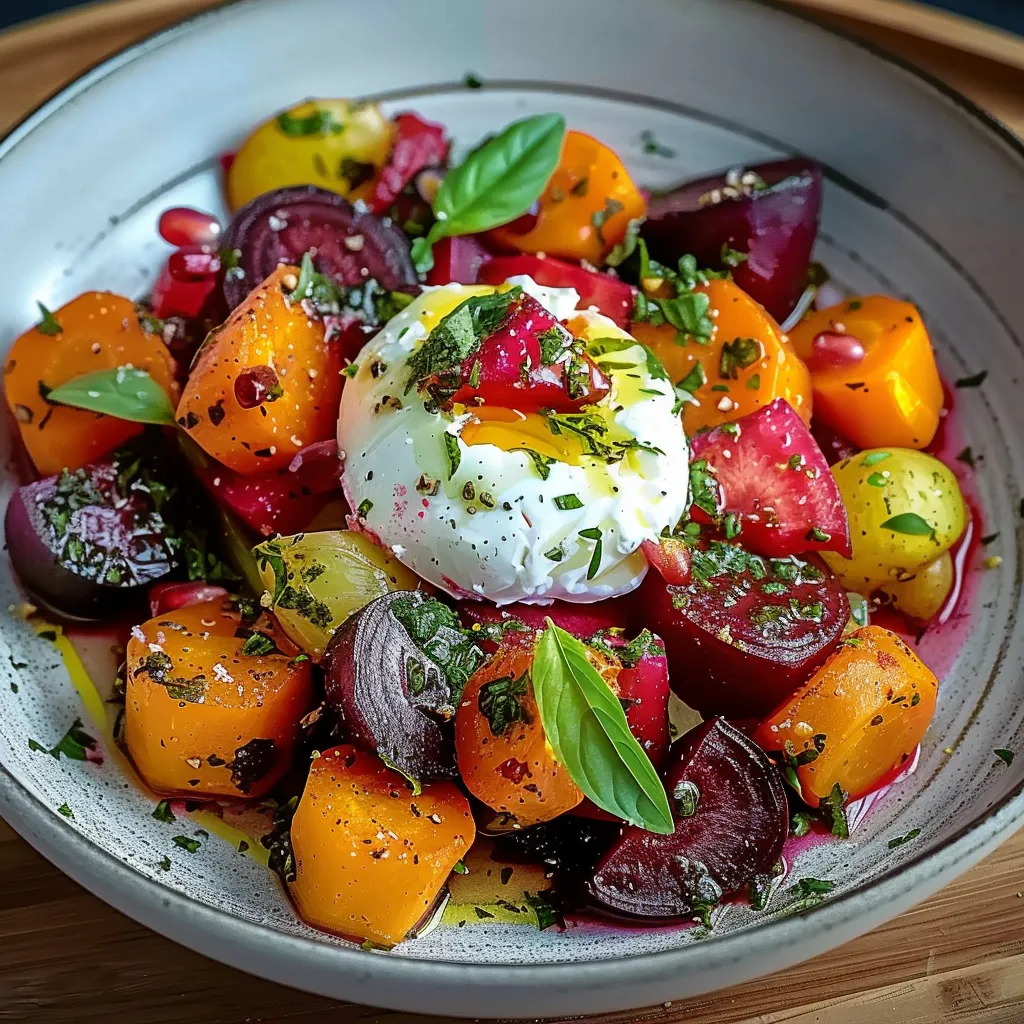 Colorful roasted beet and burrata salad, a perfect balance of sweet and creamy.