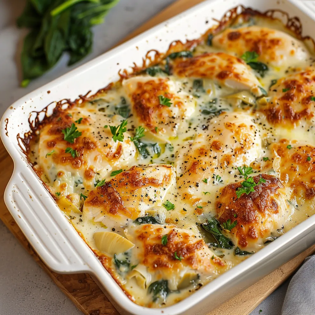 Delicious chicken bake with spinach and artichoke, perfect for a hearty dinner.