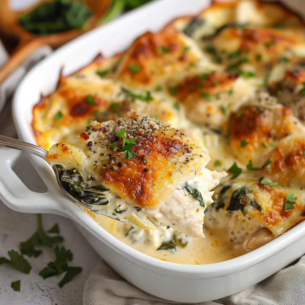 Spinach artichoke chicken bake, a creamy and satisfying meal for any occasion.