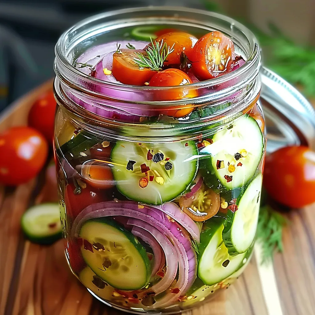 Homemade pickled cherry tomatoes and vegetables, a delicious way to preserve fresh flavors.