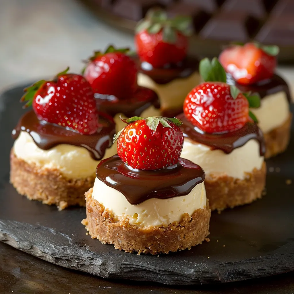 Rich strawberry cheesecake dipped in smooth chocolate, a decadent dessert treat .