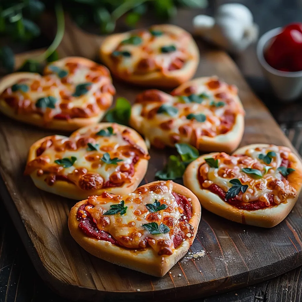 Adorable heart-shaped mini pizzas, a fun and delicious way to celebrate love.