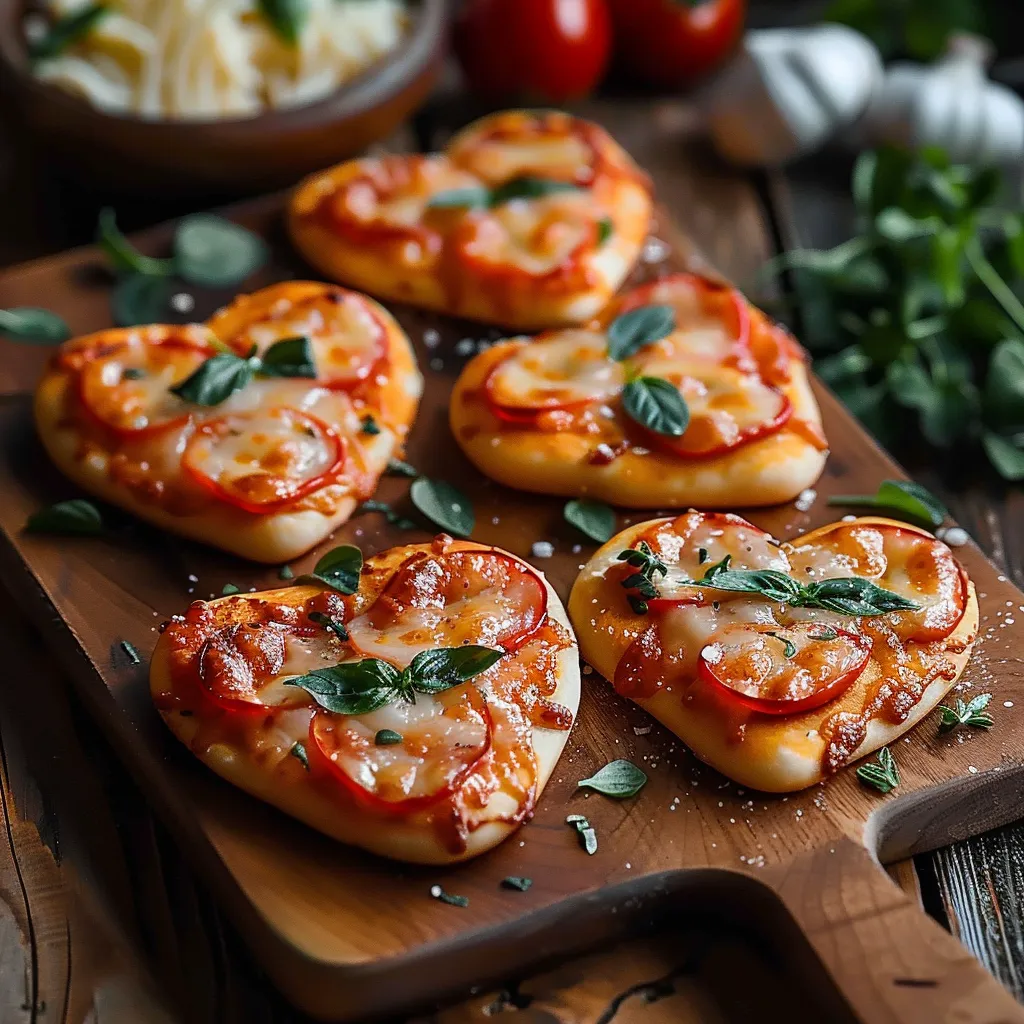 Mini heart pizzas topped with cheese and sauce, perfect for Valentine’s Day.