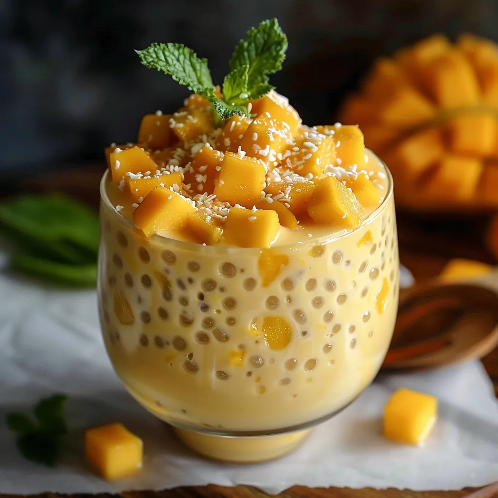 Sweet mango sago dessert, a perfect blend of mango puree and chewy sago.