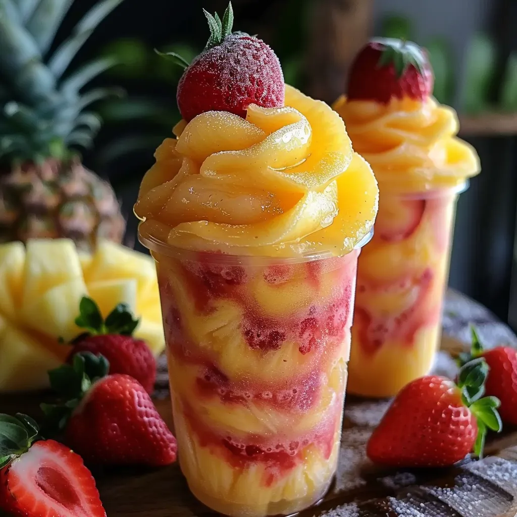 Refreshing pineapple strawberry swirled slushies, perfect for hot summer days.