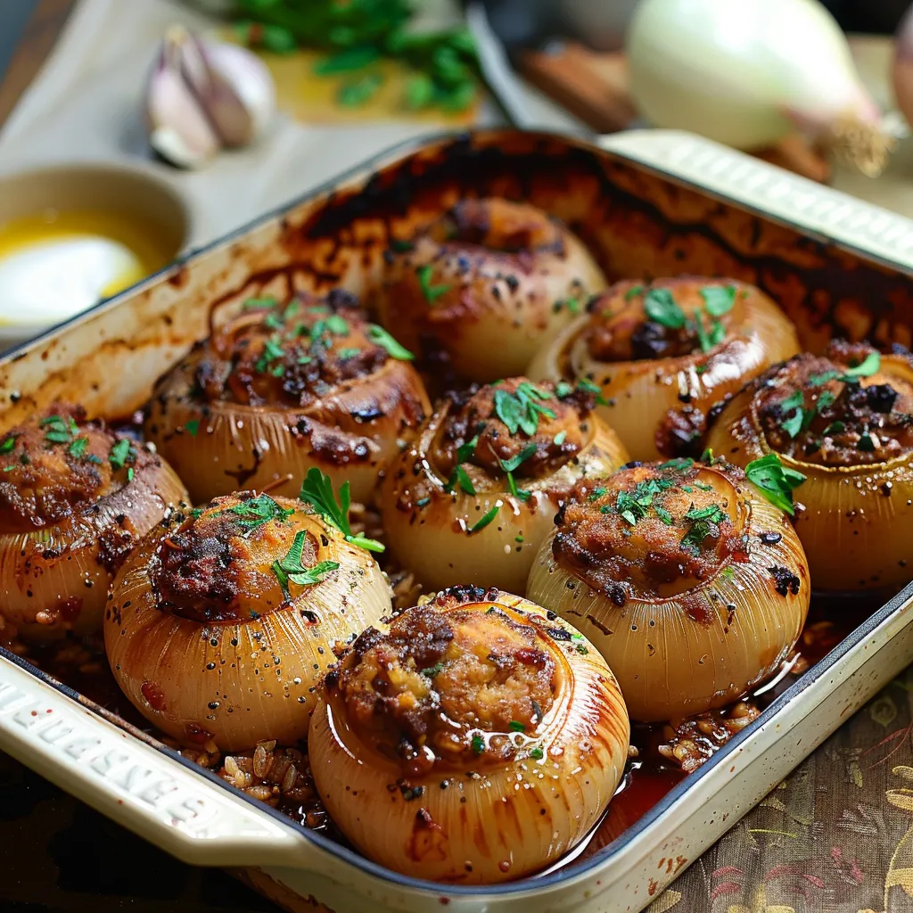 Tender Greek stuffed onions filled with rice, herbs, and savory spices.