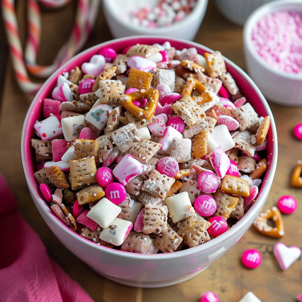 Valentine’s puppy chow Chex mix with chocolate and powdered sugar for a fun snack.