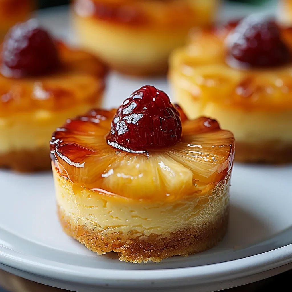 Creamy cheesecakes topped with caramelized pineapple for a bite-sized treat.