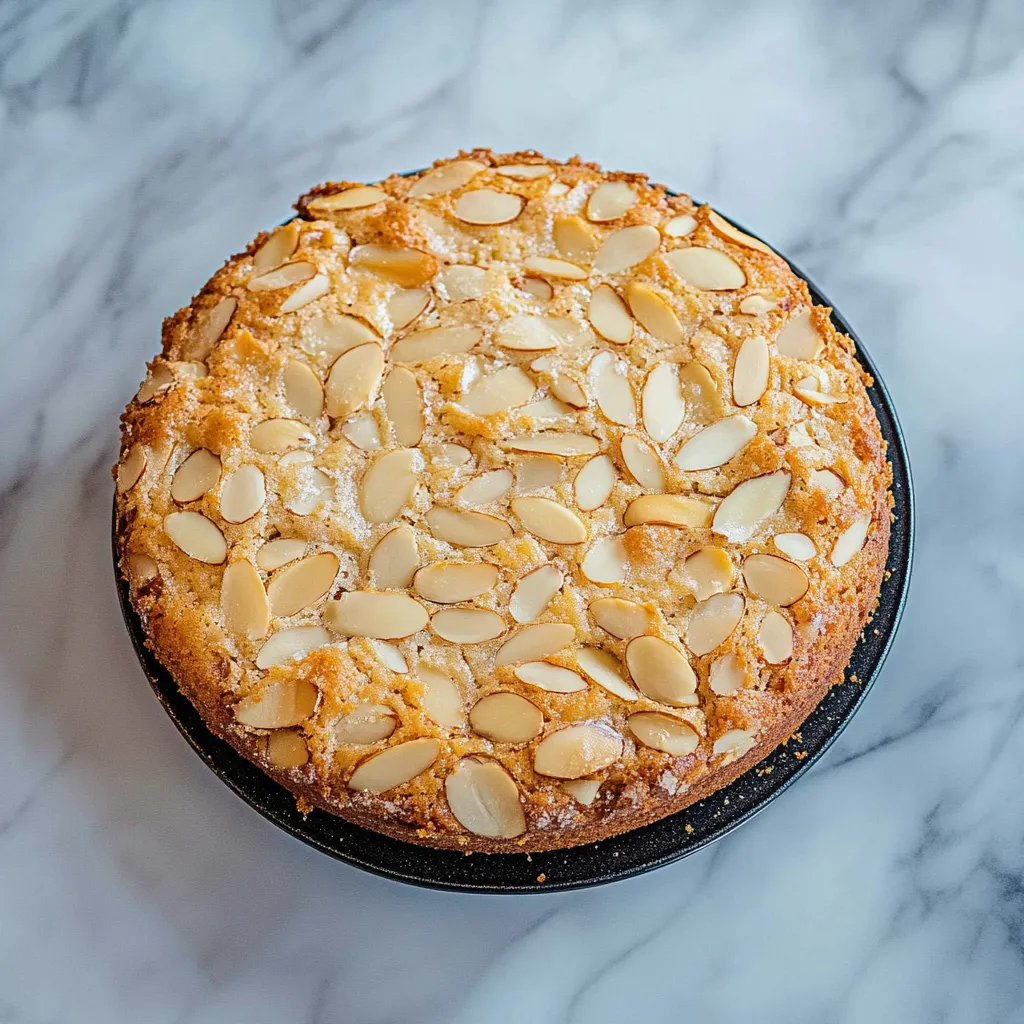 A slice of cake with almonds on a plate.