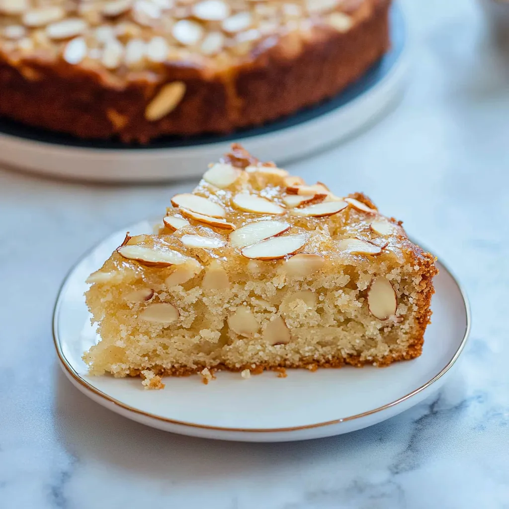 A slice of almond cake on a plate.