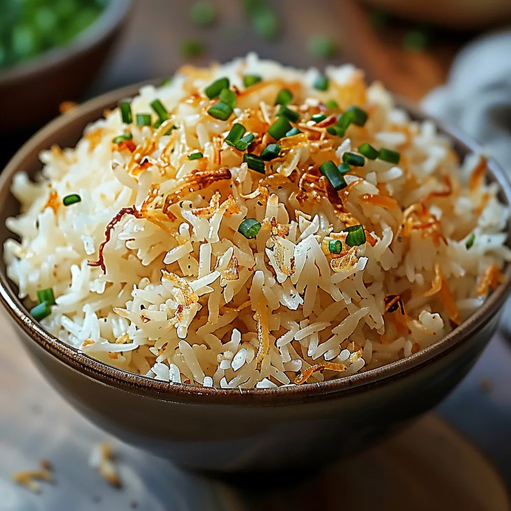 A bowl of rice with green onions on top.