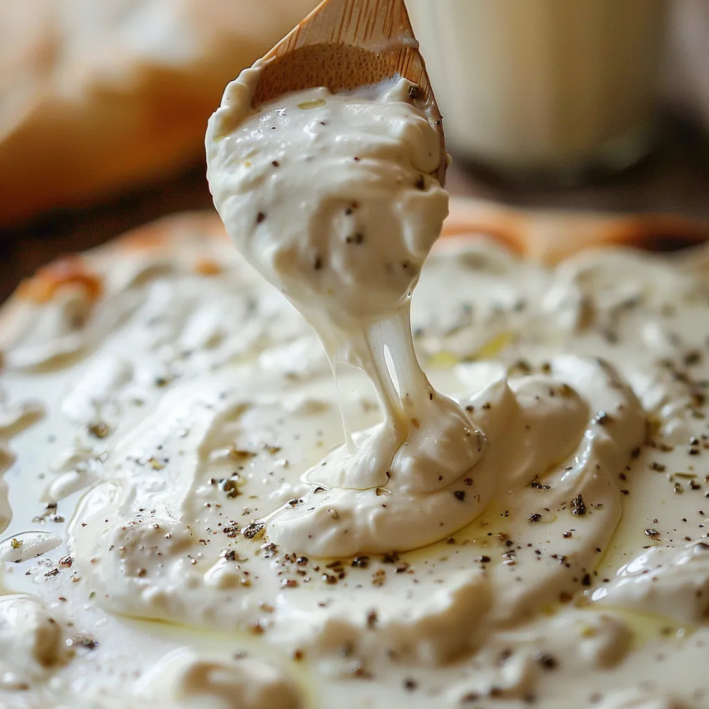 A spoonful of cream cheese is being poured onto a pizza.